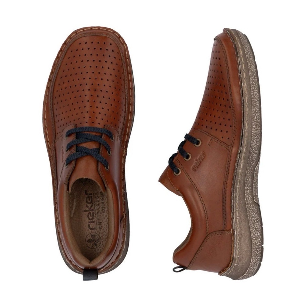 Rieker Men’s Brown Leather Lace-Up Comfort Shoes Wide Fit Perforated 43 US 10